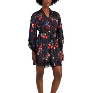 INC International Concepts Black Floral Satin Lace-Trim Robe